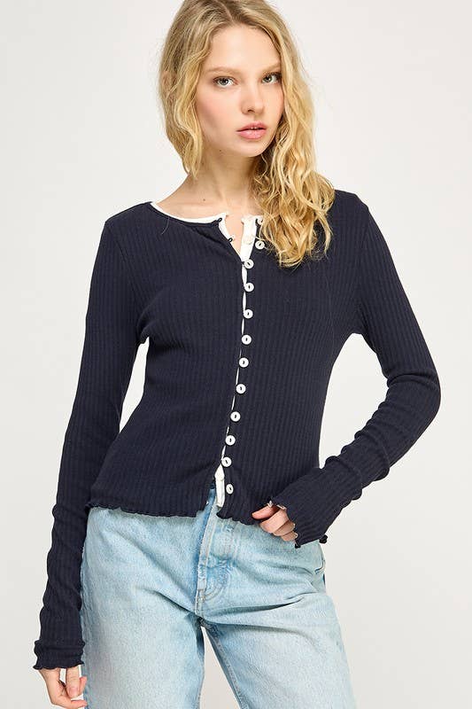 Ribbed Stretch Long Sleeve Button Up