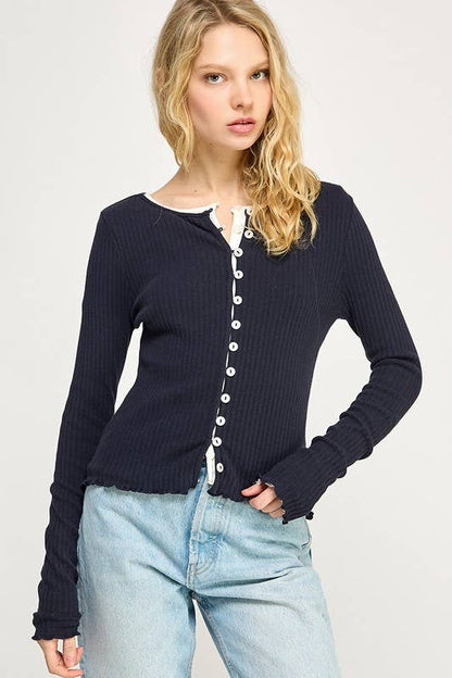 Ribbed Stretch Long Sleeve Button Up