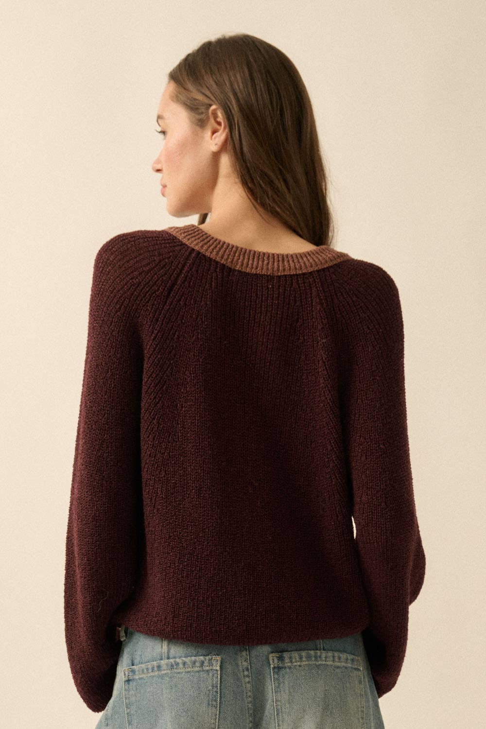 Ribbed Knit Contrast Cardigan Sweater