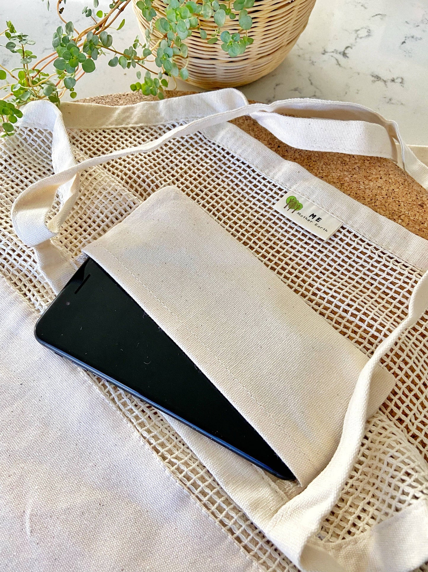 Organic Half Mesh Market Tote with Phone Pocket