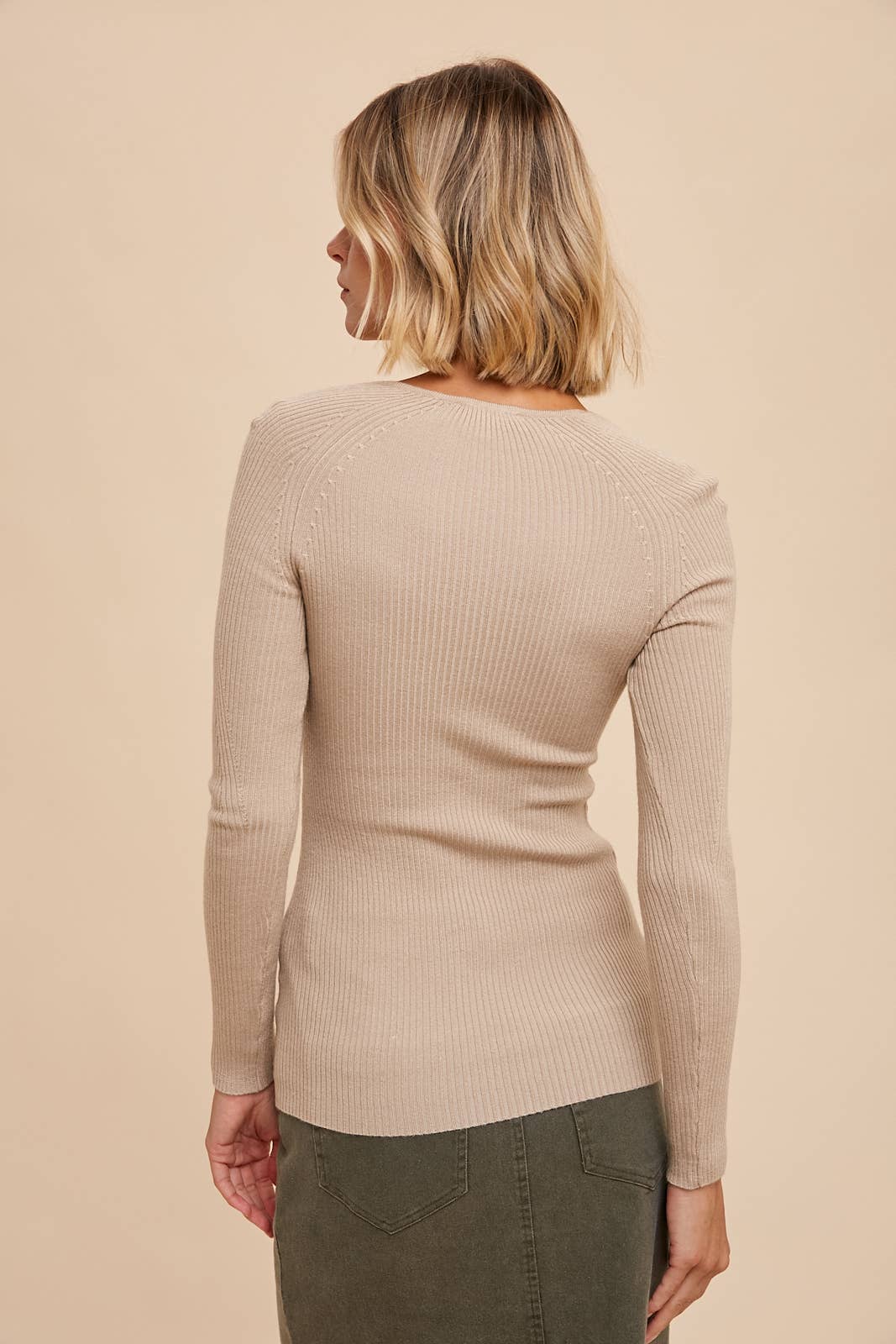 Ribbed Notched V Neck Long Sleeve