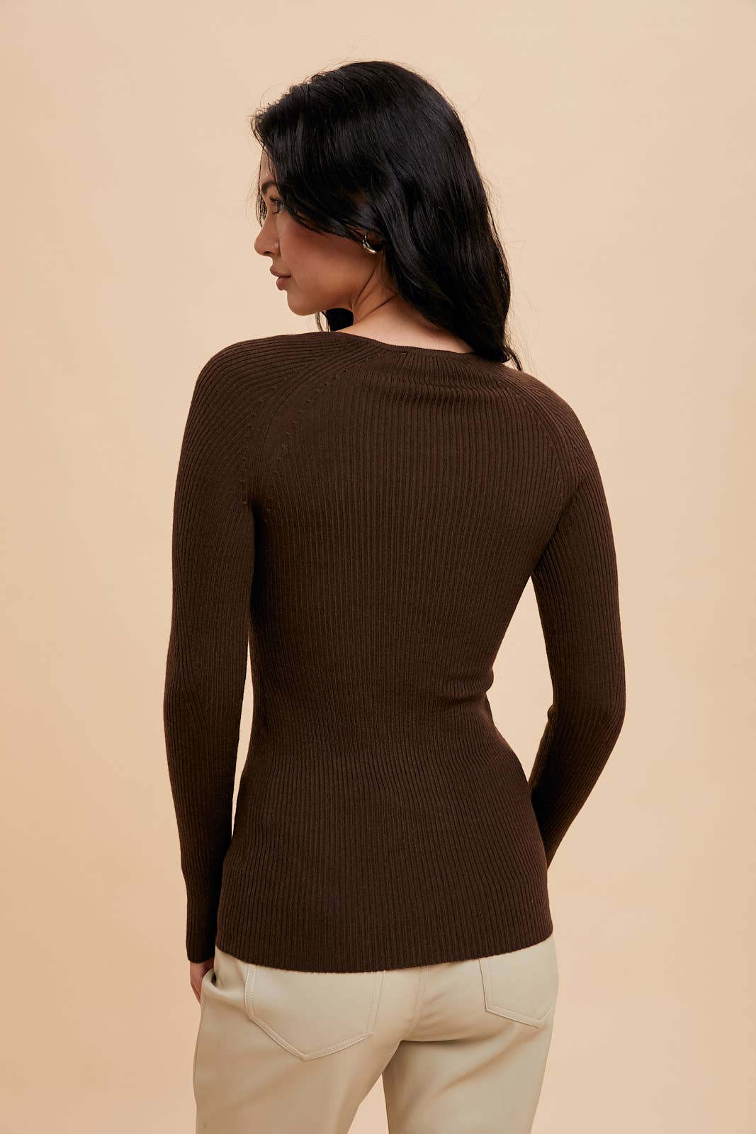 Ribbed Notched V Neck Long Sleeve