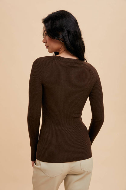 Ribbed Notched V Neck Long Sleeve