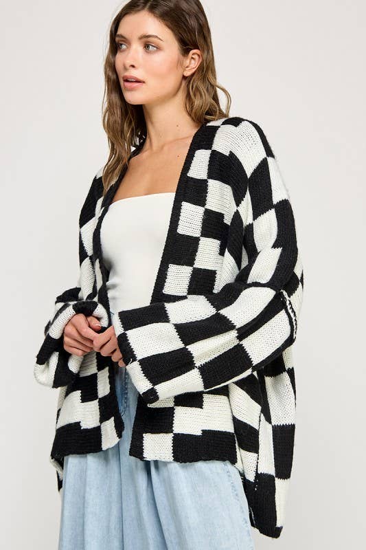 Checkered Drop Shoulder Cardi