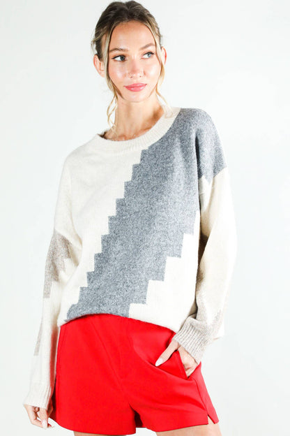 Neutral Color Block Knit Sweater