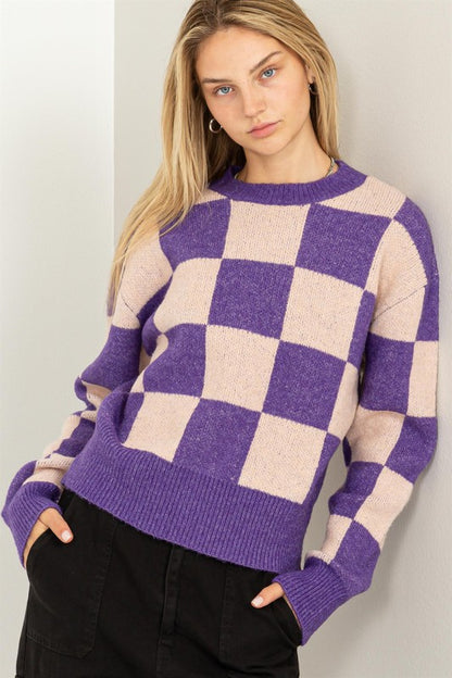 Weekend Chills Checkered Long Sleeve Sweater