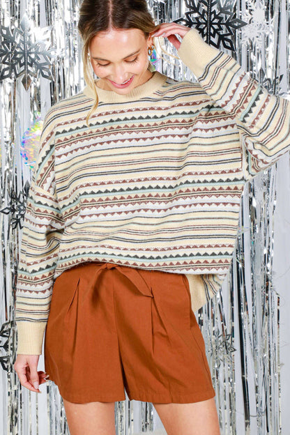 Vintage Crew Neck Stripe Pattern Sweater