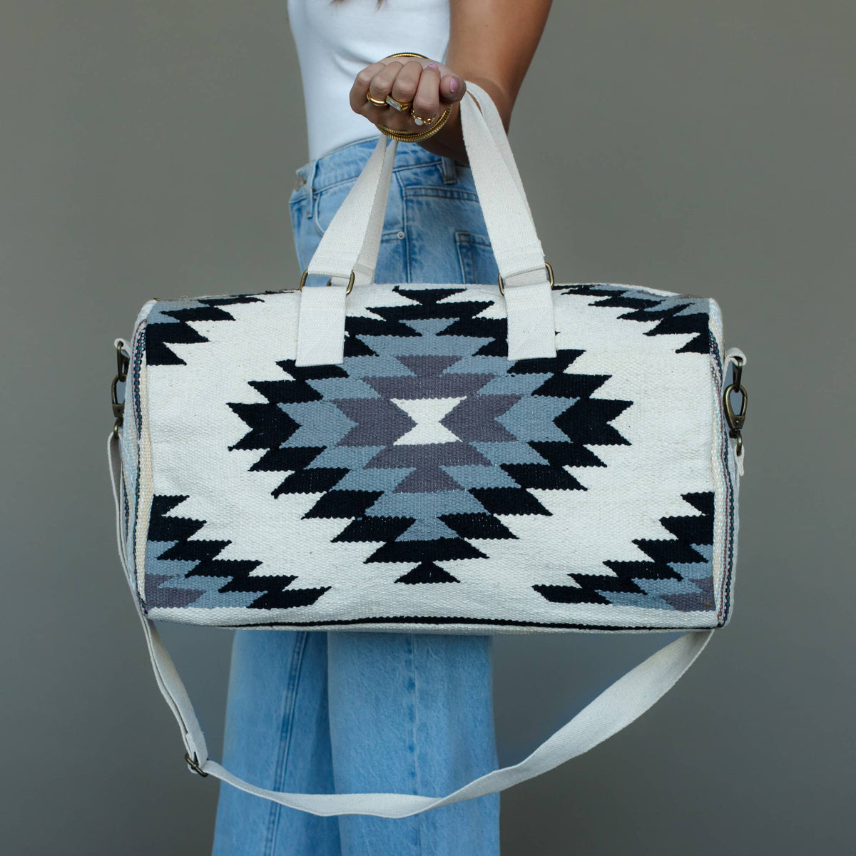 White, Black & Lt. Blue Western Duffel