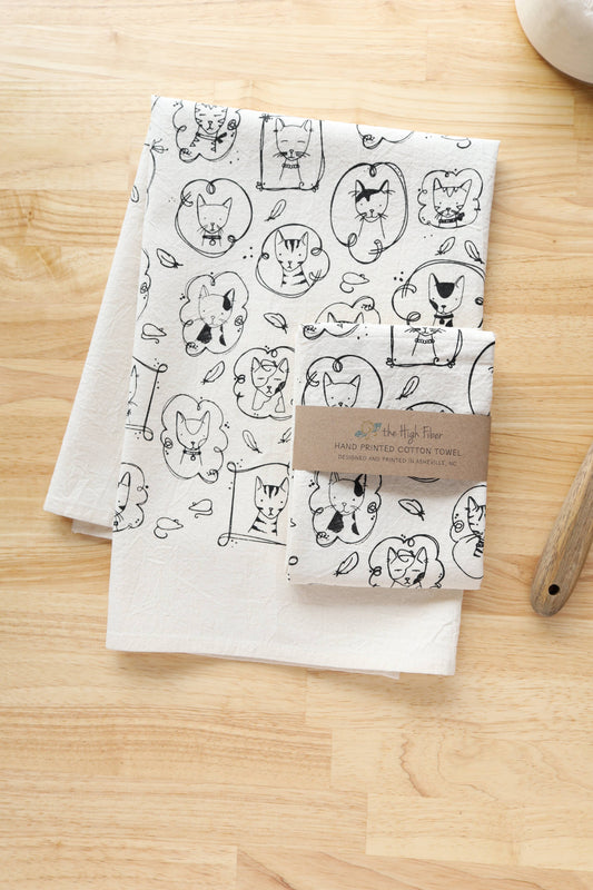 Cat Kitchen Towel, Handprinted Tea Towel, Cats