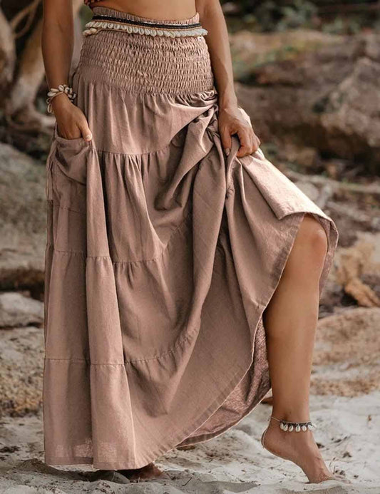 Boho Smocking Pocket Ruched Maxi Skirt