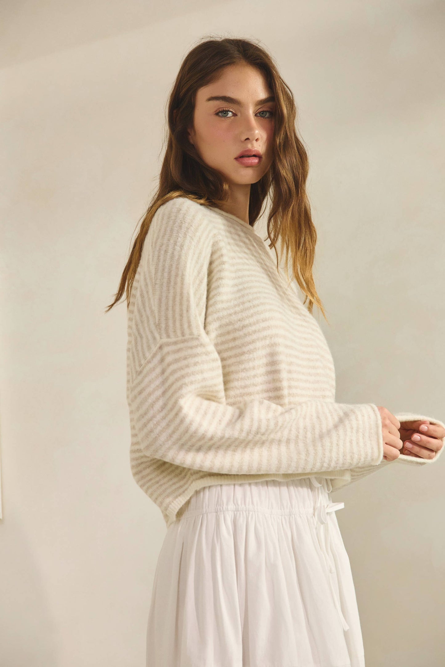 NSW3073 Babe Striped Roll Up Neck Sweater-ECRU