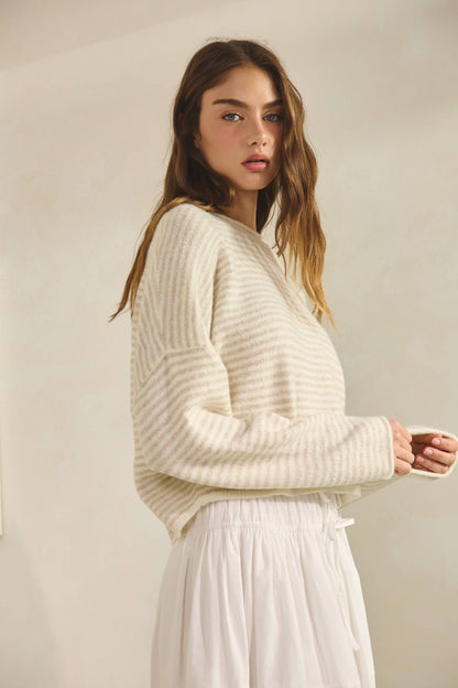 NSW3073 Babe Striped Roll Up Neck Sweater-ECRU