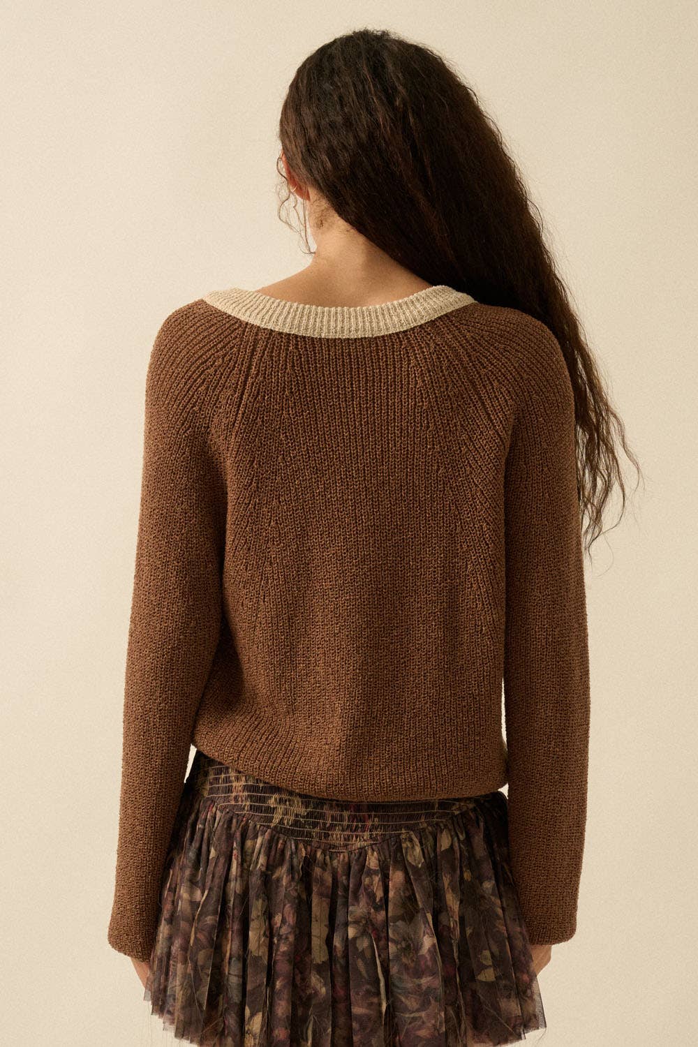 Ribbed Knit Contrast Cardigan Sweater