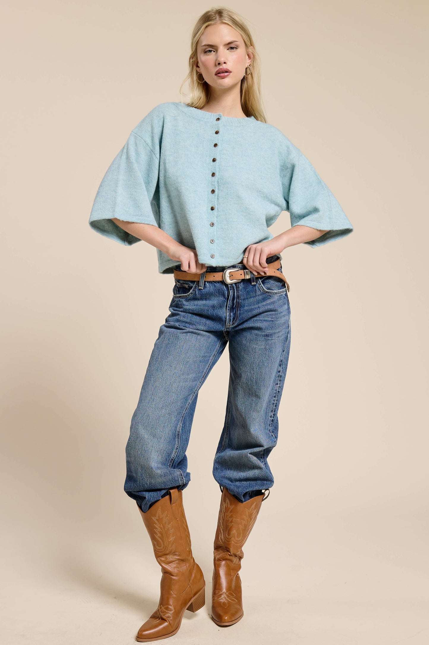 Wide Sleeve Button Front Knit Cardi