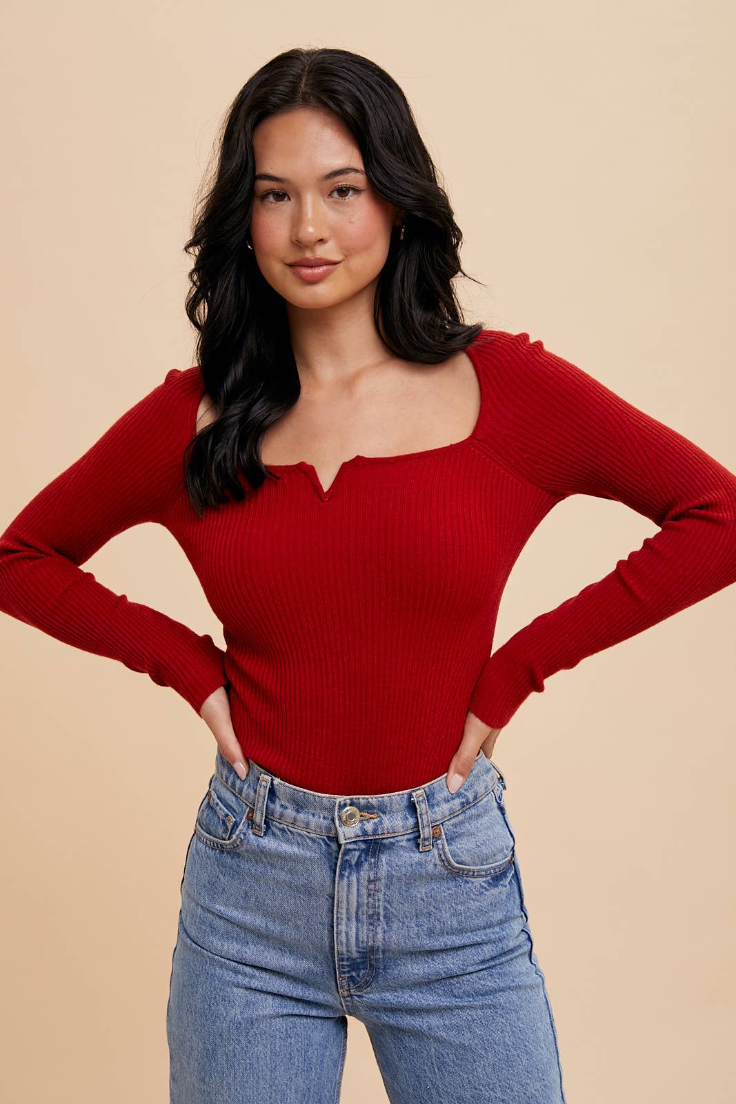 Ribbed Notched V Neck Long Sleeve