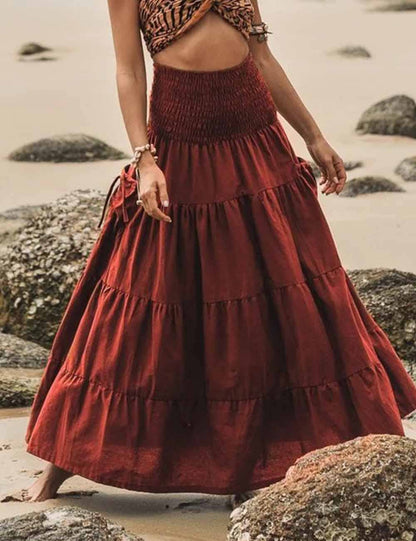Boho Smocking Pocket Ruched Maxi Skirt