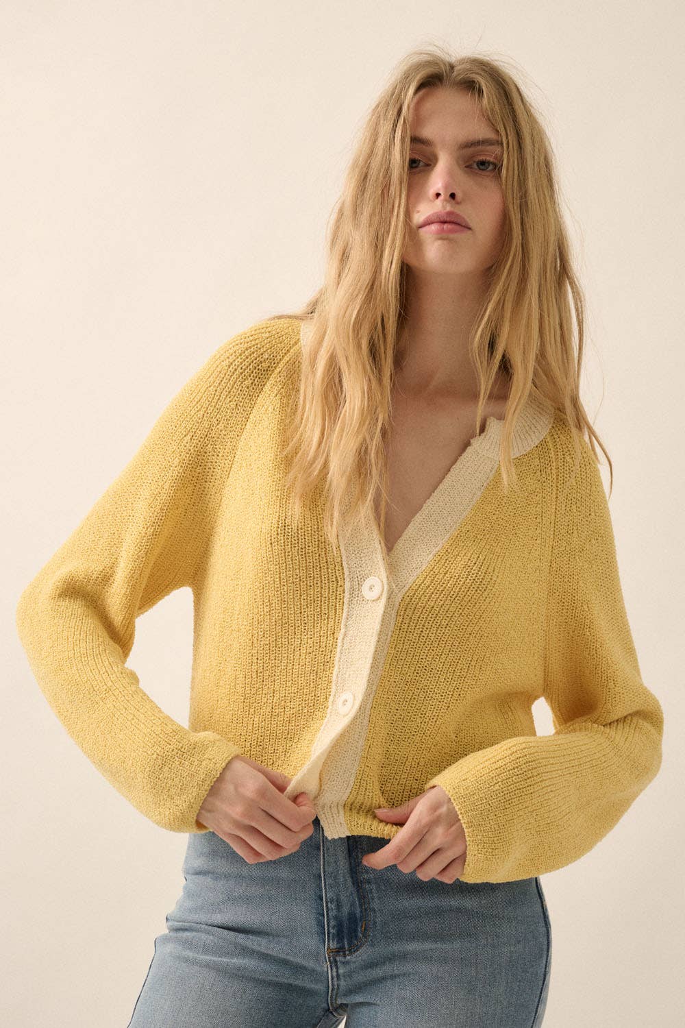 Ribbed Knit Contrast Cardigan Sweater
