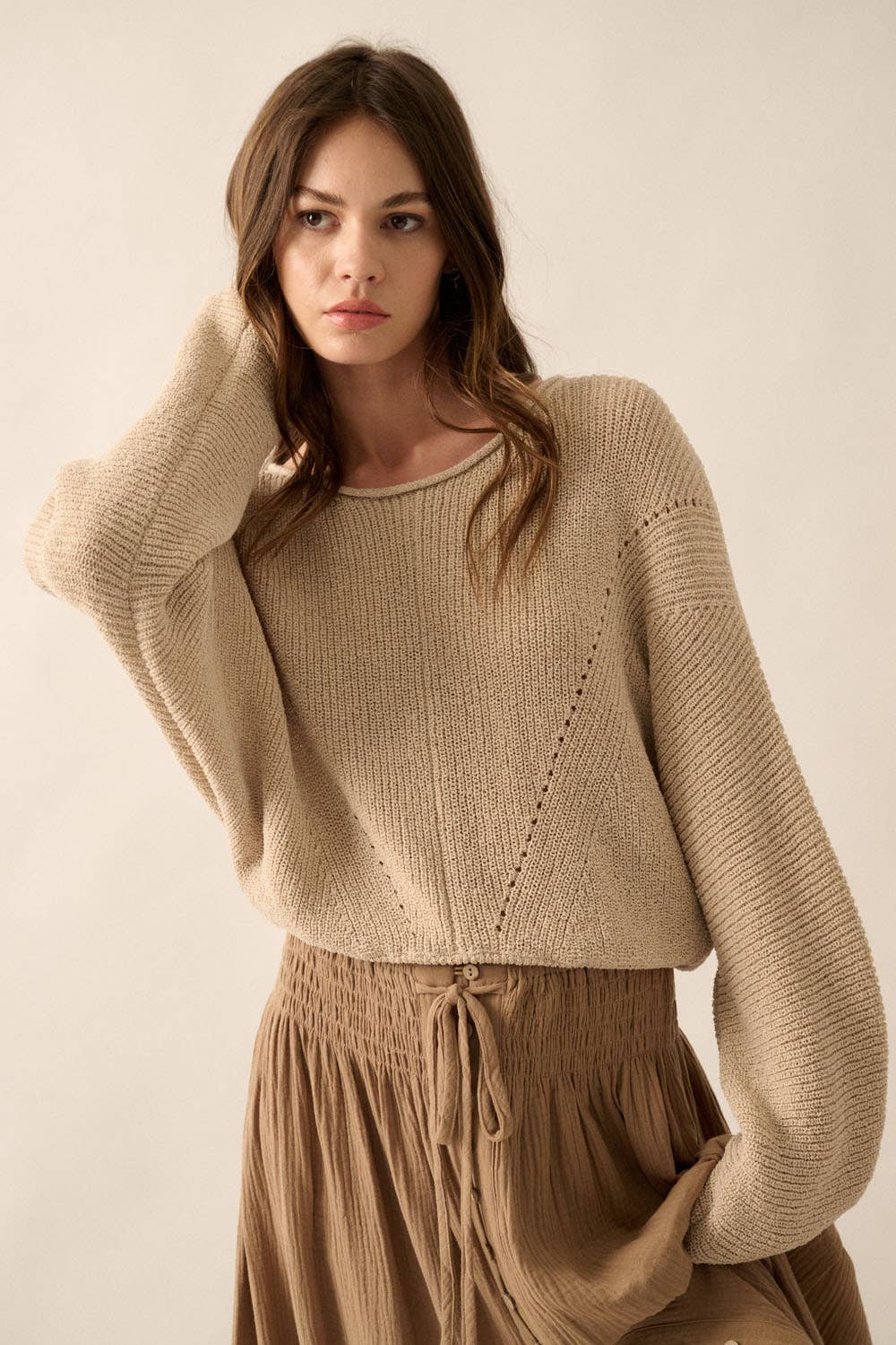 Simple Rib-Knit Dolman-Sleeve Sweater
