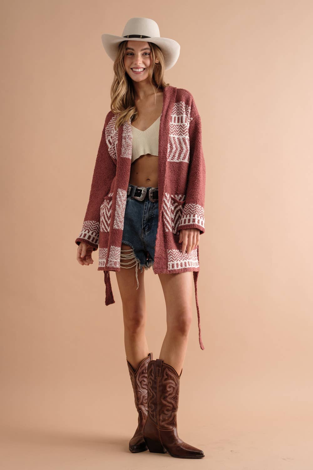 17394W - Cozy Aztec Pattern Pocket Front Tie Open Cardigan