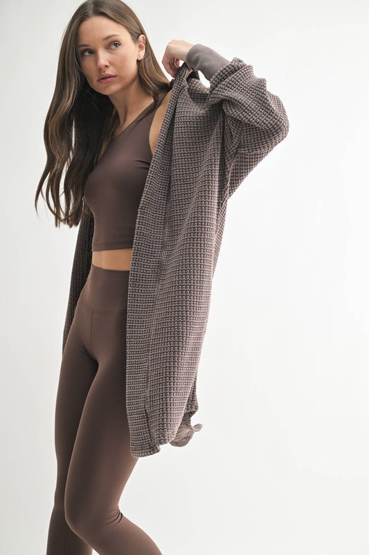 Chunky Waffle Mineral Wash Hooded Open Cardigan