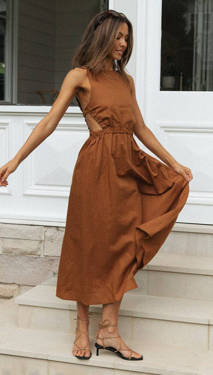 Elastic Strap Back Sleeveless Midi Dress