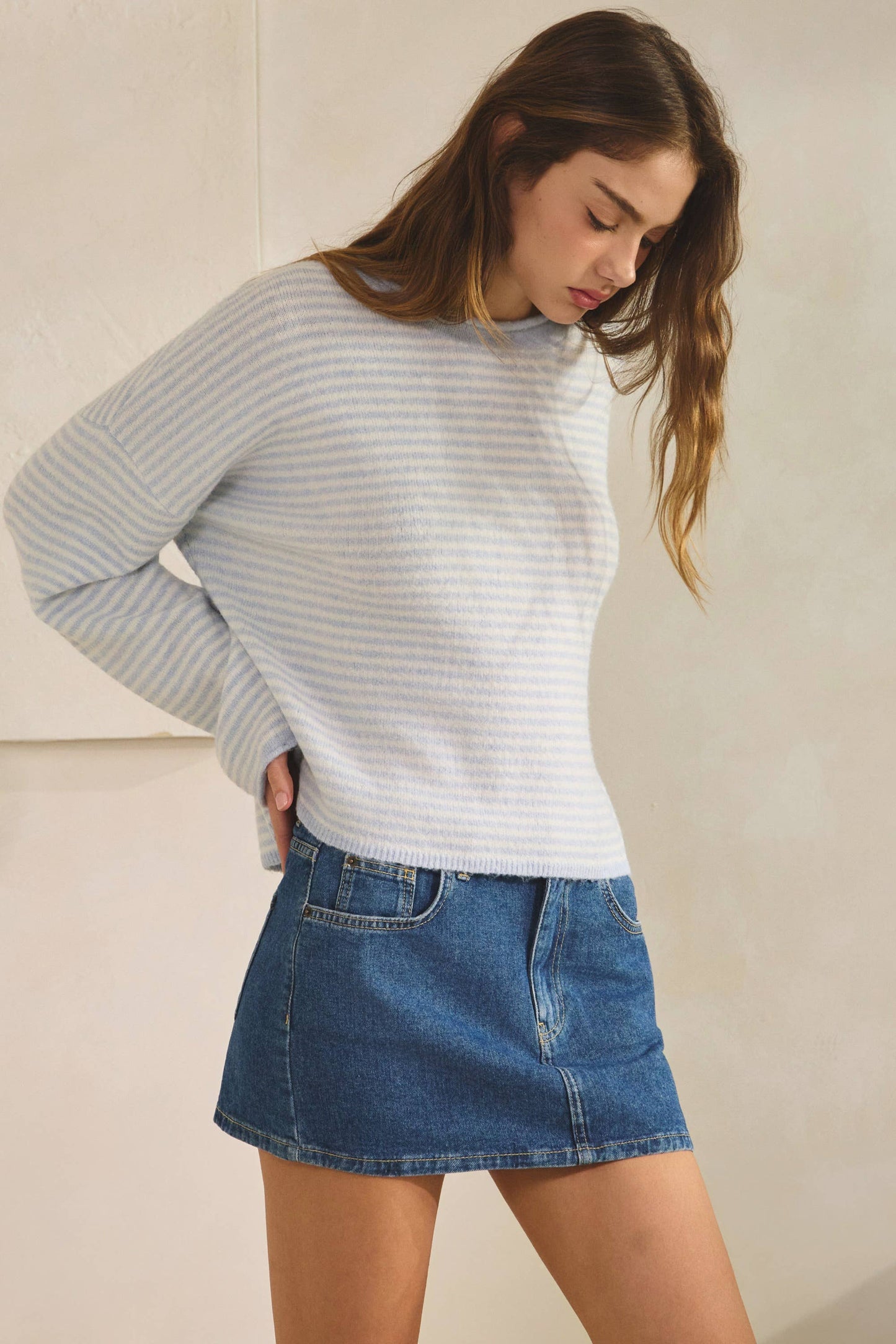 NSW3073 Babe Striped Roll Up Neck Sweater-ECRU