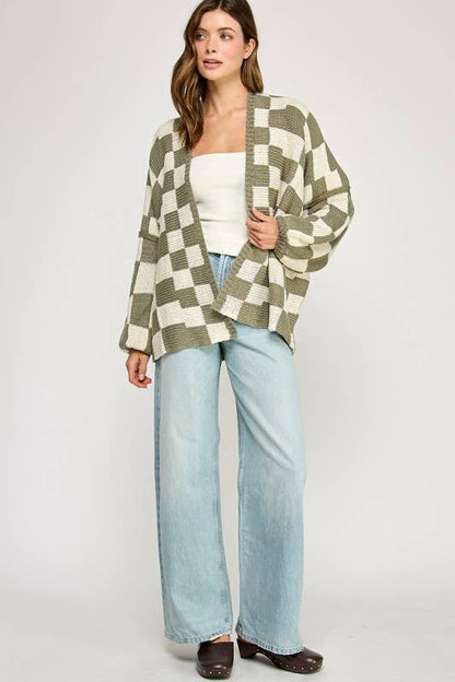 Checkered Drop Shoulder Cardi
