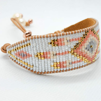 coral sands dream catcher pearl and glass seed bead beaded bracelet side view