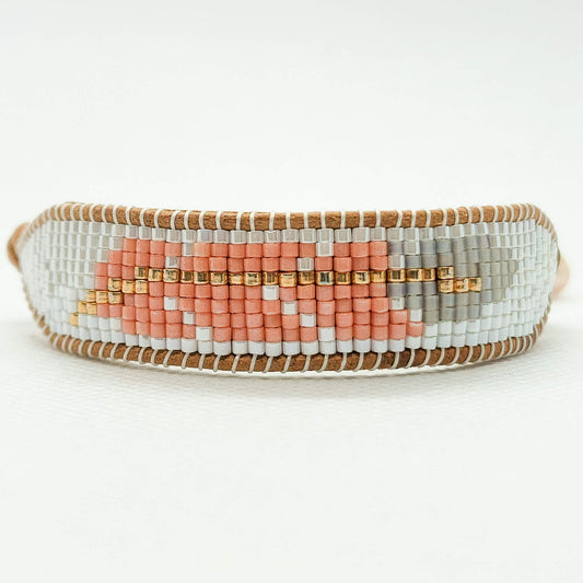 Feather Design Native American beaded bracelet - Coral Sands - Pearl and fine glass seed beads - front view