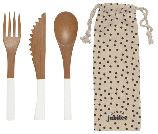 Chalk White Bamboo Cutlery Set of 3 With Carry Bag